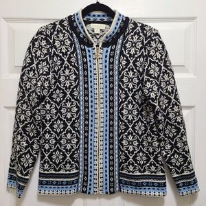 Appleseed’s Nordic Fair Isle Front Zip Cardigan Medium Black Light Blue‎